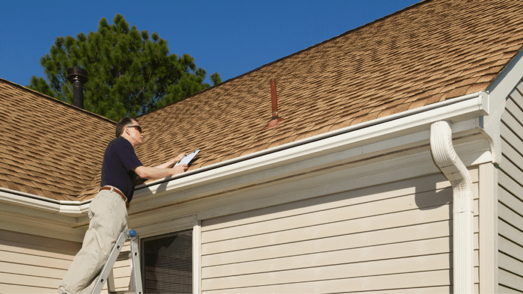 A professional inspector on a ladder performing routine roof maintenance, checking shingles and gutters on a Tampa home.