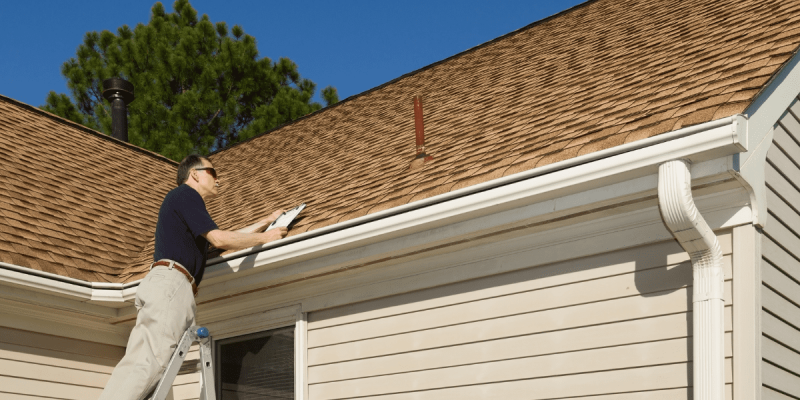 A professional inspector on a ladder performing routine roof maintenance, checking shingles and gutters on a Tampa home.